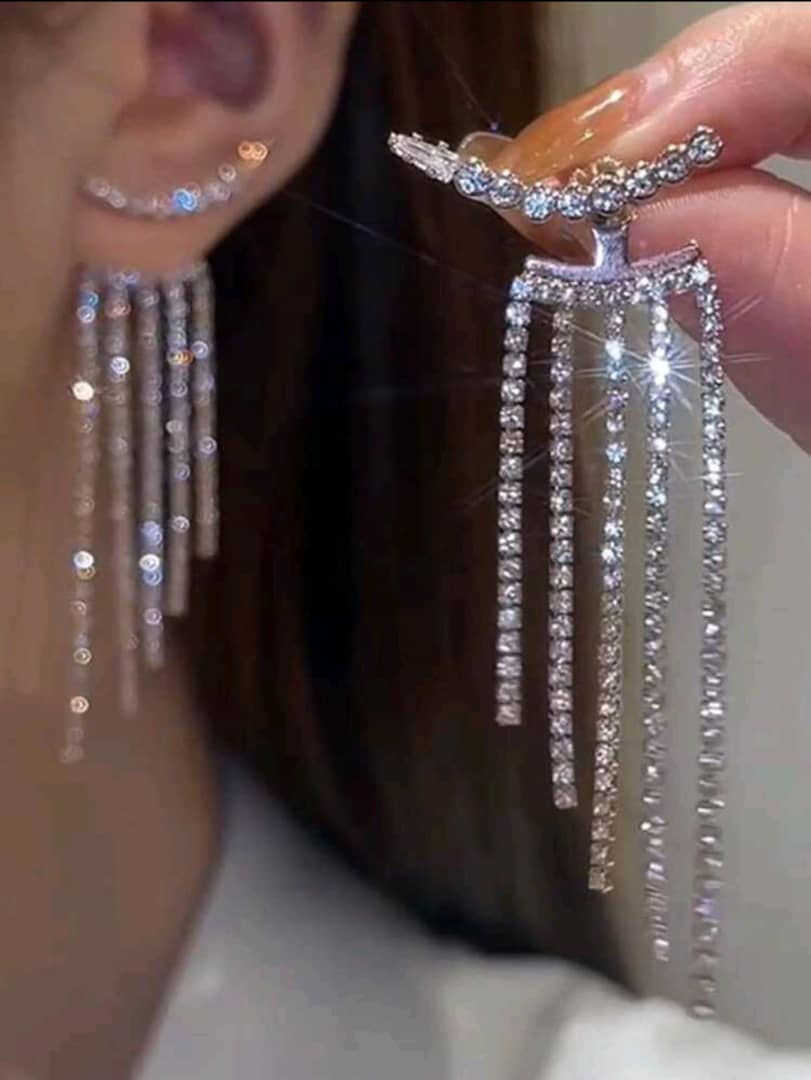 2pcs Full Rhinestone Tassel Earrings, Sparkling, Suitable For Vacation, Party, Date, Gift And Daily Wear